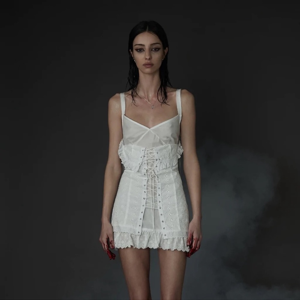 Lace-Up White Eyelet Mini Dress - Picture 4 of 15